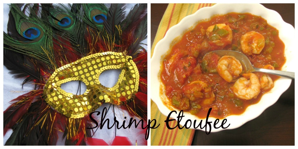 A collage photo. A masquerade mask on the left. Shrimp etoufee on the right.