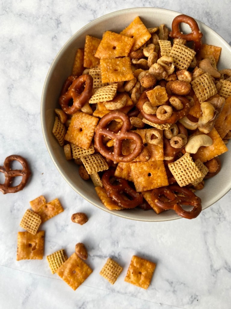 A round bowl of homemade Chex mix.